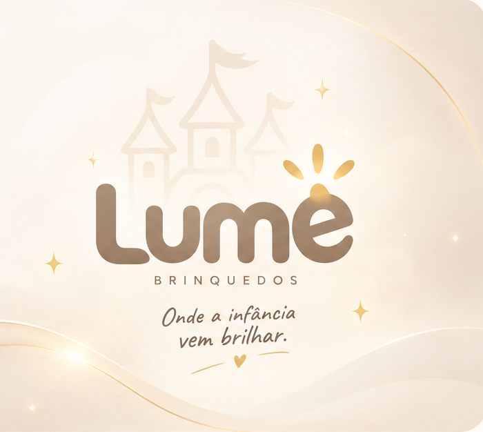 Logo Lumê com castelo em transparência, estrelas douradas e a frase “Onde a infância vem brilhar.”