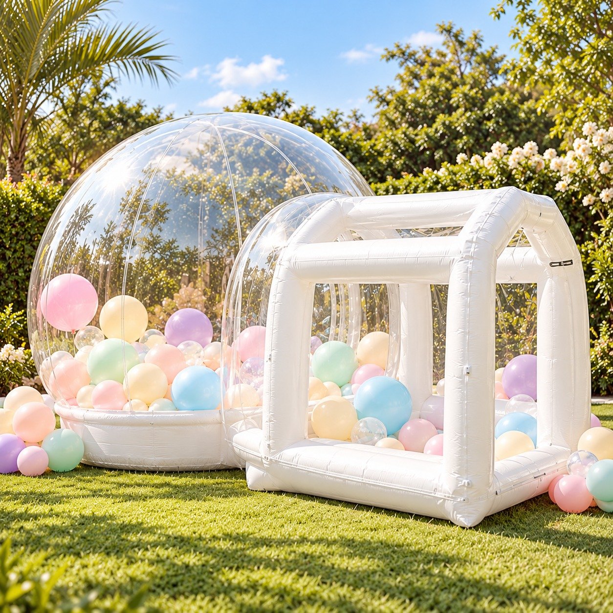 Bubble House: bolha transparente com túnel branco e balões em tons pastel no jardim