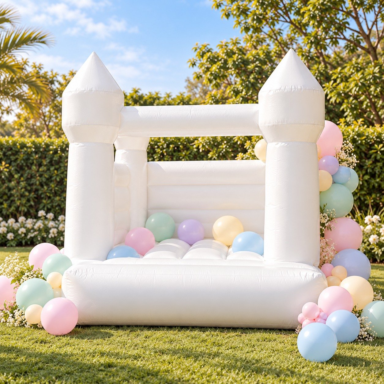 Mini Castle: castelinho inflável branco com balões em tons pastel no jardim